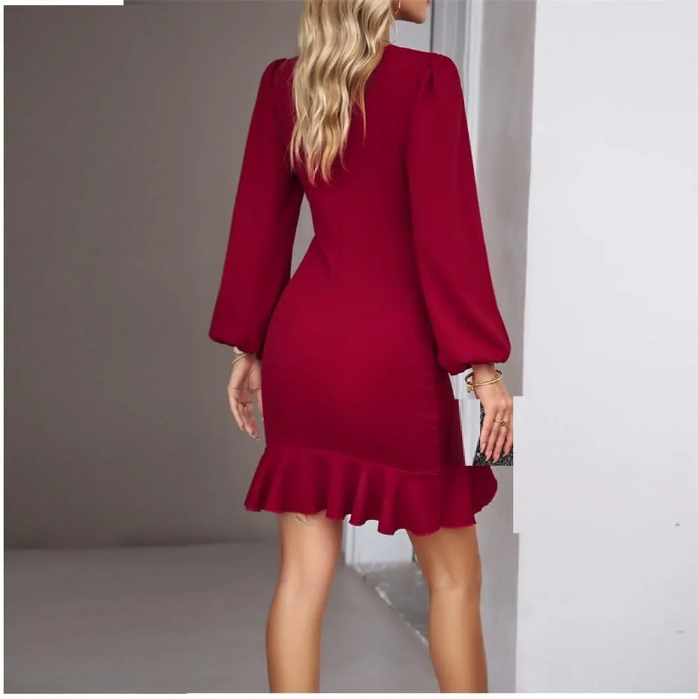 YGJKLIS Women's Round Neck Puff Long Sleeve Midi Dress Elegant Pleated Solid Wrap Dress Wedding Cocktail Party Dress