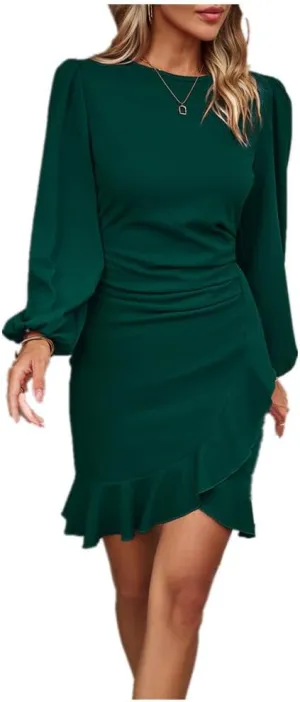 YGJKLIS Women's Round Neck Puff Long Sleeve Midi Dress Elegant Pleated Solid Wrap Dress Wedding Cocktail Party Dress