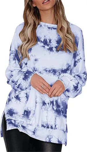 YMING Women Round Neck Tie Dye Stripe Sweatshirt Side Split Loose Pullover Simple Long Sleeve Shirt Tops