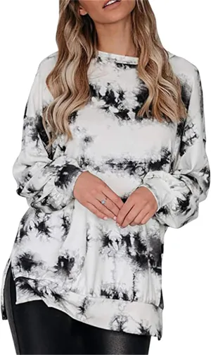 YMING Women Round Neck Tie Dye Stripe Sweatshirt Side Split Loose Pullover Simple Long Sleeve Shirt Tops