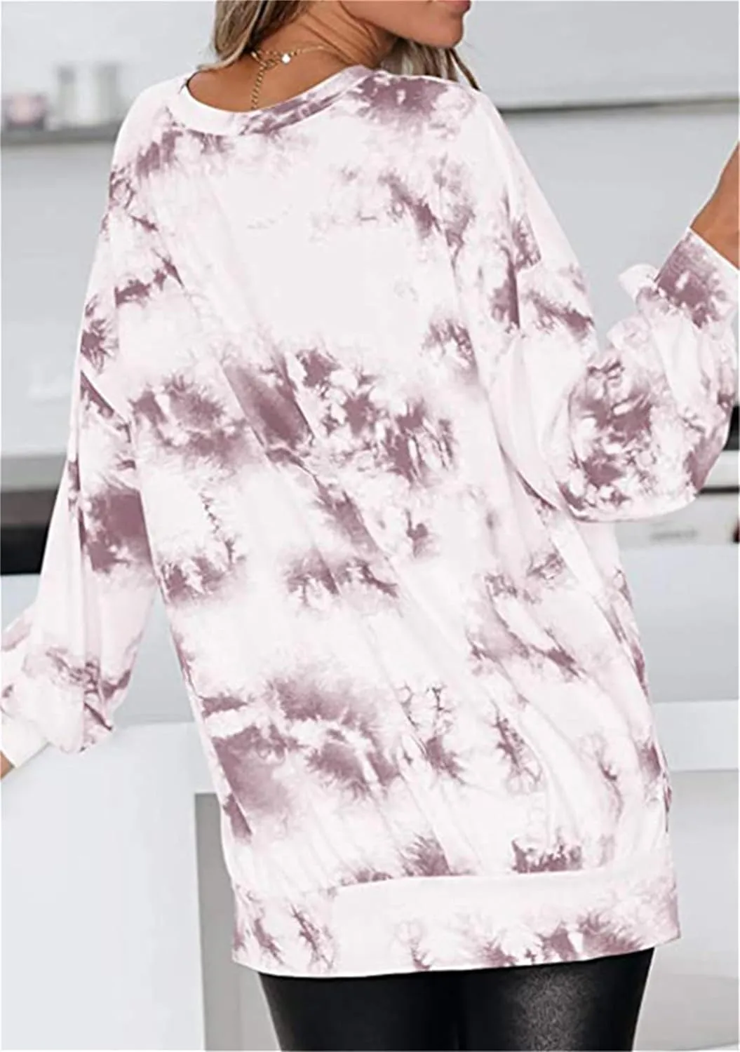 YMING Women Round Neck Tie Dye Stripe Sweatshirt Side Split Loose Pullover Simple Long Sleeve Shirt Tops