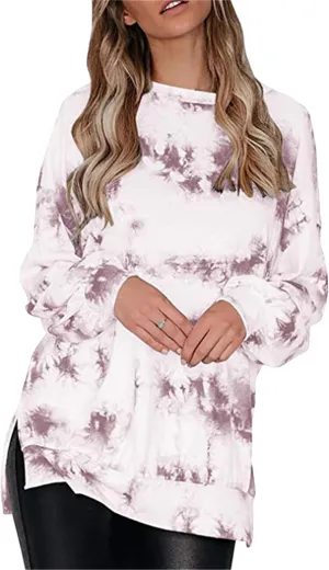 YMING Women Round Neck Tie Dye Stripe Sweatshirt Side Split Loose Pullover Simple Long Sleeve Shirt Tops