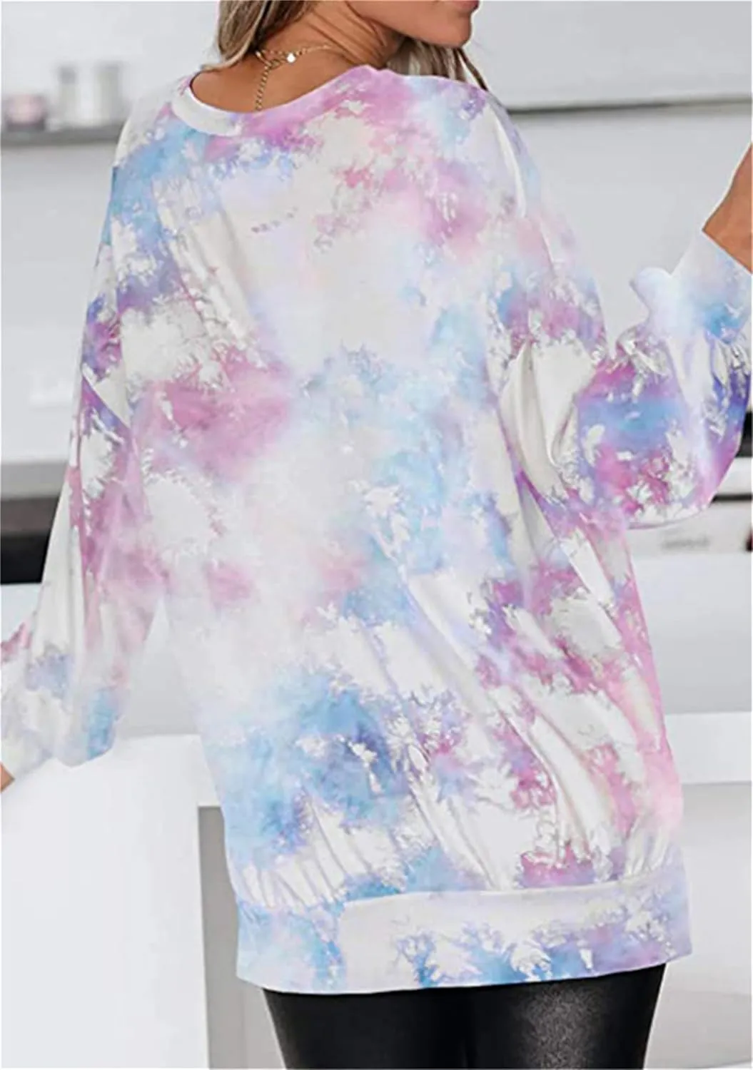 YMING Women Round Neck Tie Dye Stripe Sweatshirt Side Split Loose Pullover Simple Long Sleeve Shirt Tops