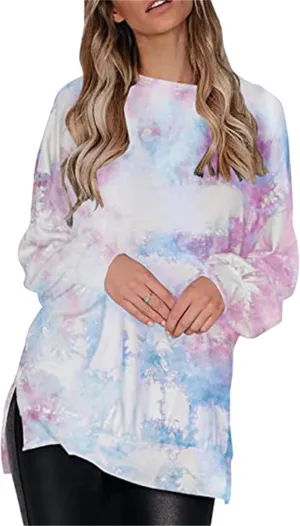 YMING Women Round Neck Tie Dye Stripe Sweatshirt Side Split Loose Pullover Simple Long Sleeve Shirt Tops