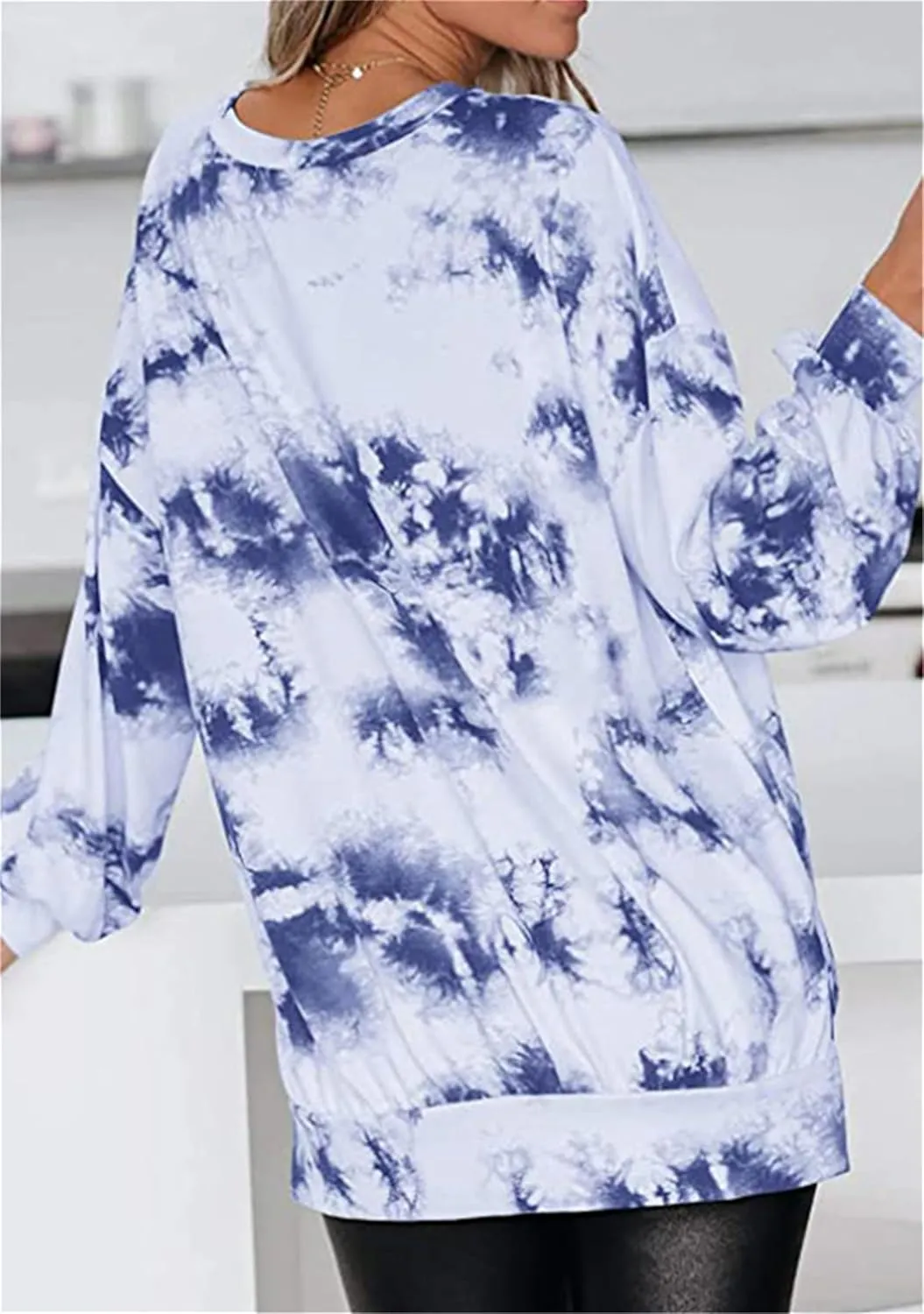 YMING Women Round Neck Tie Dye Stripe Sweatshirt Side Split Loose Pullover Simple Long Sleeve Shirt Tops