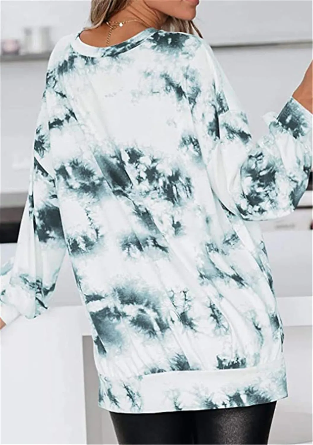 YMING Women Round Neck Tie Dye Stripe Sweatshirt Side Split Loose Pullover Simple Long Sleeve Shirt Tops