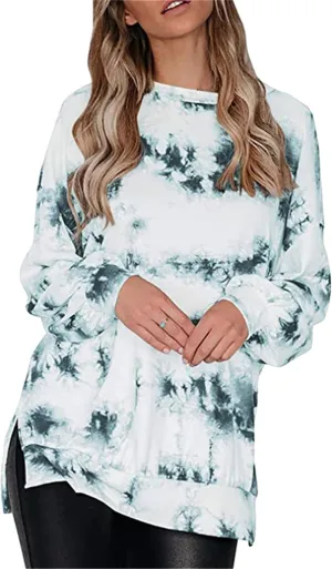 YMING Women Round Neck Tie Dye Stripe Sweatshirt Side Split Loose Pullover Simple Long Sleeve Shirt Tops