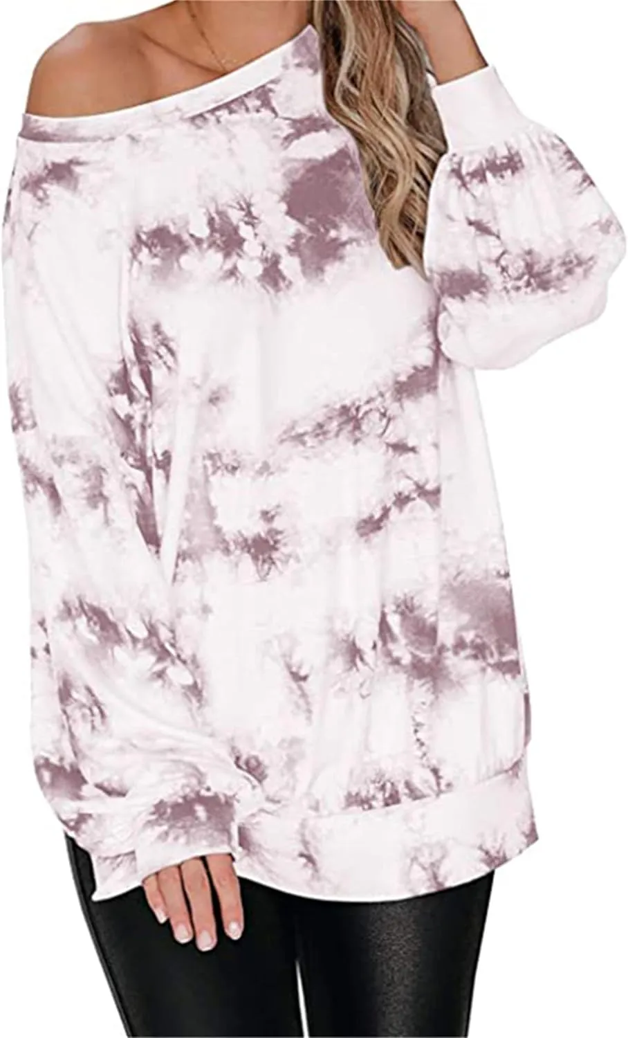 YMING Women Round Neck Tie Dye Stripe Sweatshirt Side Split Loose Pullover Simple Long Sleeve Shirt Tops