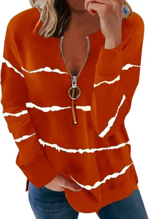 YMING Womens Casual Stripe Print Shirt Long Sleeve Half Zip Sweatshirt Autumn Simple Pullover Tops