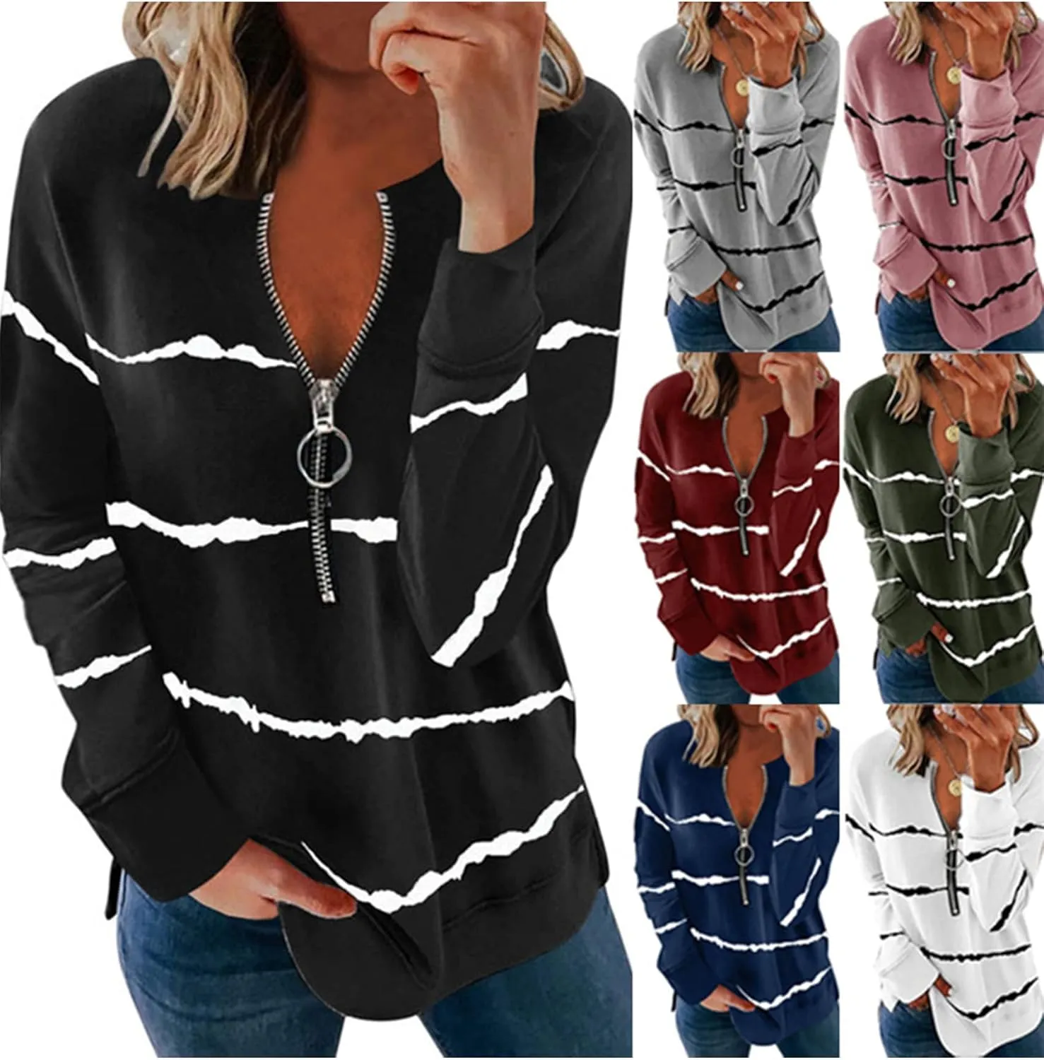 YMING Womens Casual Stripe Print Shirt Long Sleeve Half Zip Sweatshirt Autumn Simple Pullover Tops