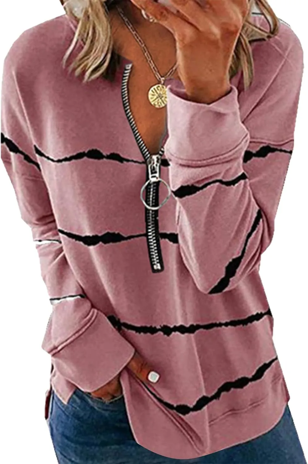 YMING Womens Casual Stripe Print Shirt Long Sleeve Half Zip Sweatshirt Autumn Simple Pullover Tops