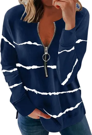 YMING Womens Casual Stripe Print Shirt Long Sleeve Half Zip Sweatshirt Autumn Simple Pullover Tops