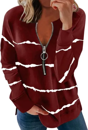 YMING Womens Casual Stripe Print Shirt Long Sleeve Half Zip Sweatshirt Autumn Simple Pullover Tops