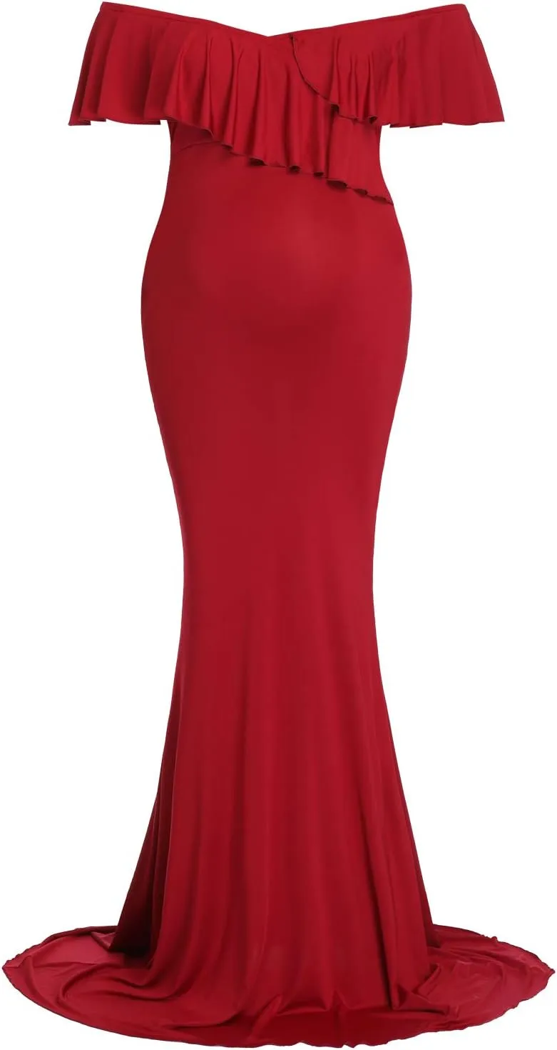 YnimioAOX Maternity Long Dress Ruffles Elegant Maxi Photography Dress Stretchy Slim Gowns for Photoshoot