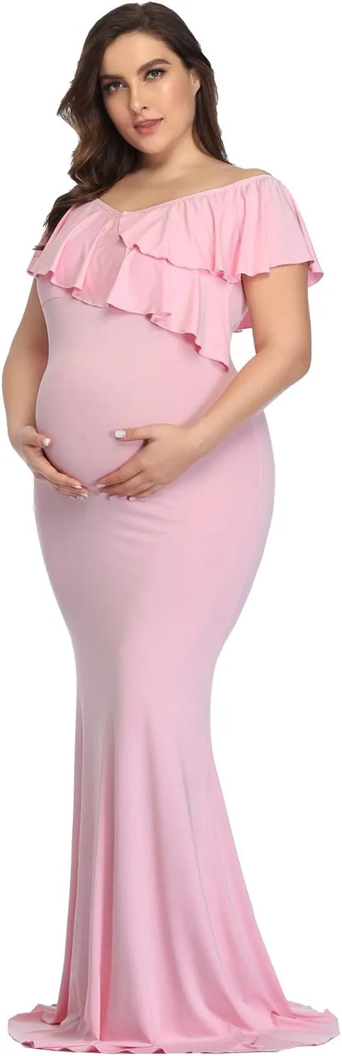 YnimioAOX Maternity Long Dress Ruffles Elegant Maxi Photography Dress Stretchy Slim Gowns for Photoshoot