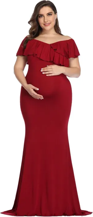 YnimioAOX Maternity Long Dress Ruffles Elegant Maxi Photography Dress Stretchy Slim Gowns for Photoshoot