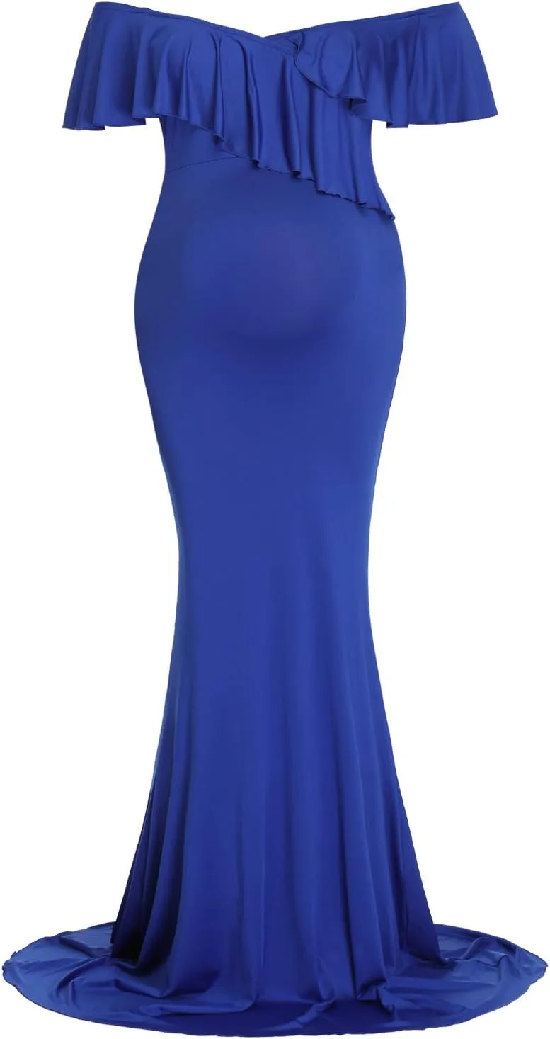 YnimioAOX Maternity Long Dress Ruffles Elegant Maxi Photography Dress Stretchy Slim Gowns for Photoshoot