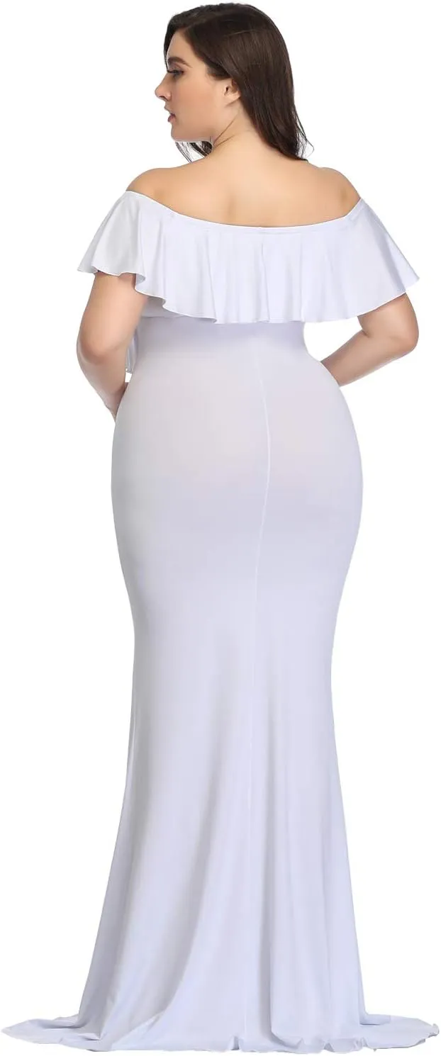 YnimioAOX Maternity Long Dress Ruffles Elegant Maxi Photography Dress Stretchy Slim Gowns for Photoshoot