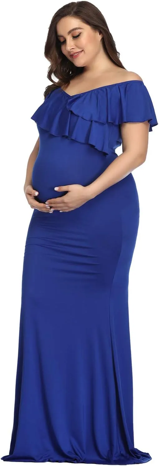 YnimioAOX Maternity Long Dress Ruffles Elegant Maxi Photography Dress Stretchy Slim Gowns for Photoshoot