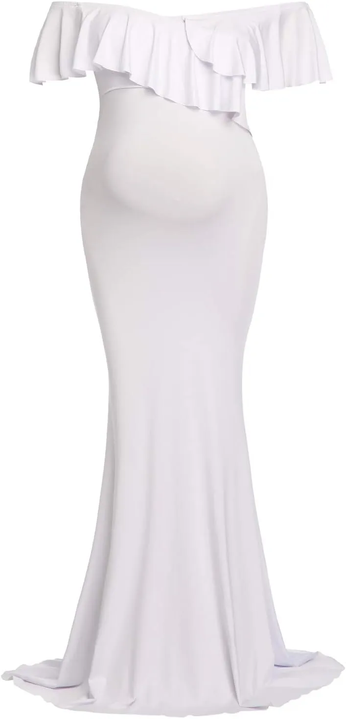 YnimioAOX Maternity Long Dress Ruffles Elegant Maxi Photography Dress Stretchy Slim Gowns for Photoshoot