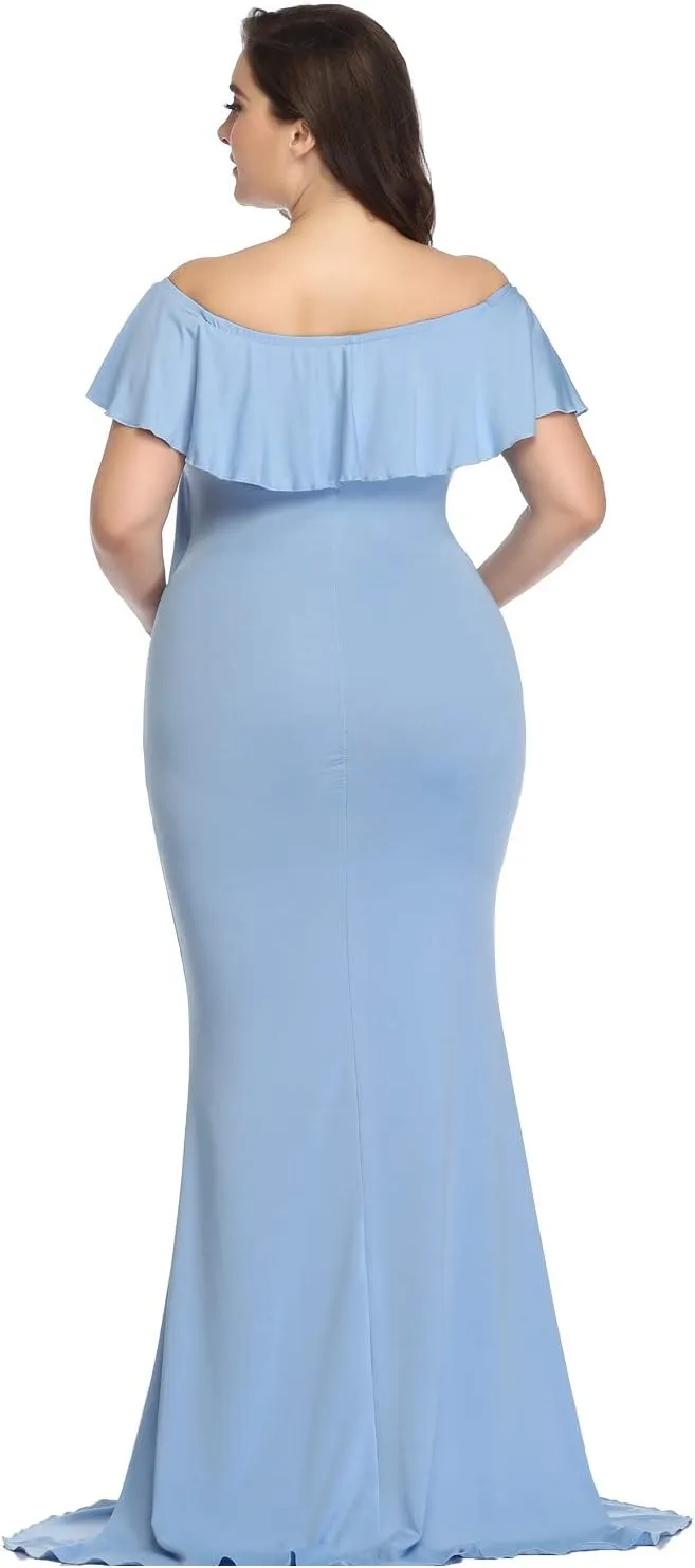 YnimioAOX Maternity Long Dress Ruffles Elegant Maxi Photography Dress Stretchy Slim Gowns for Photoshoot