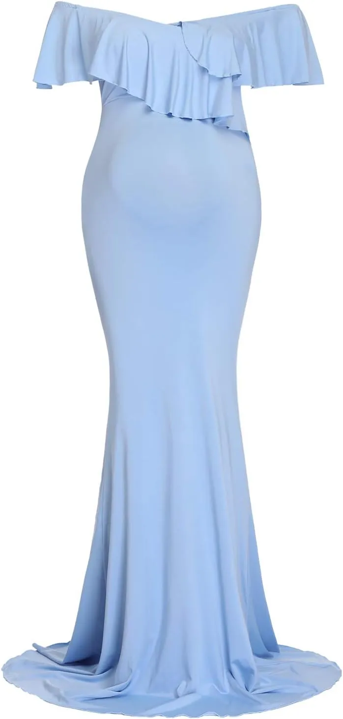 YnimioAOX Maternity Long Dress Ruffles Elegant Maxi Photography Dress Stretchy Slim Gowns for Photoshoot