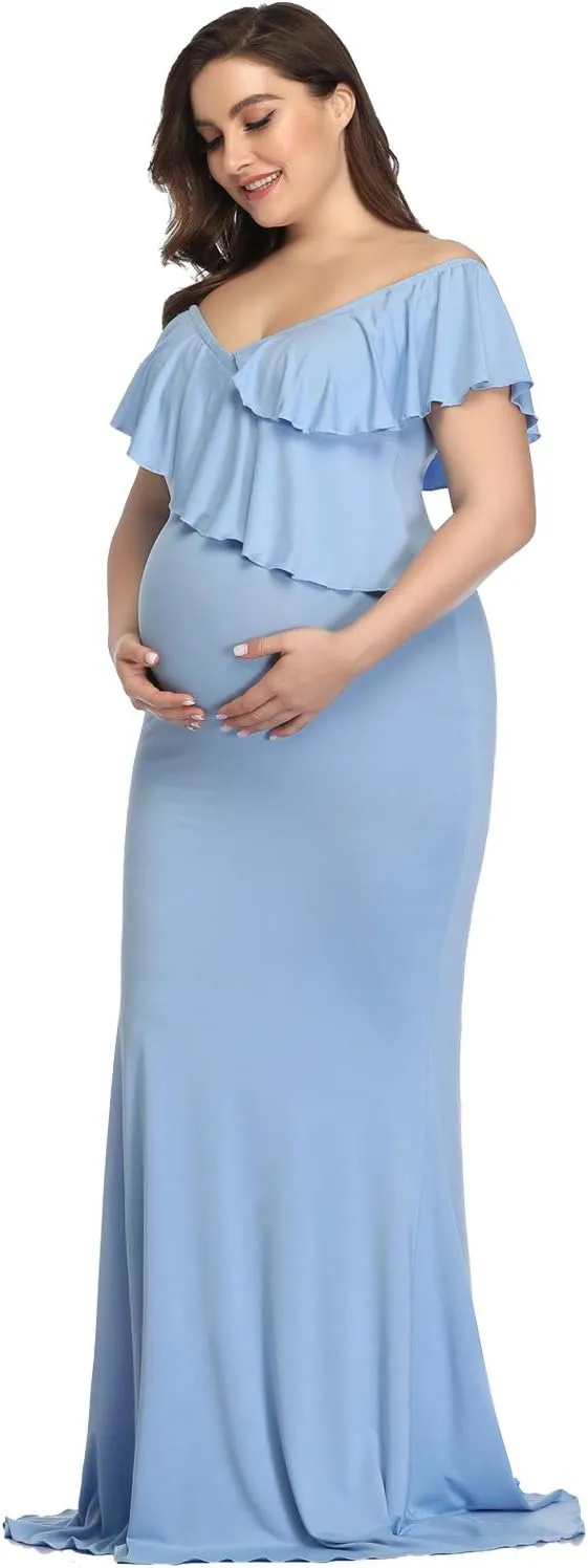 YnimioAOX Maternity Long Dress Ruffles Elegant Maxi Photography Dress Stretchy Slim Gowns for Photoshoot