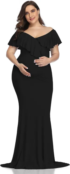 YnimioAOX Maternity Long Dress Ruffles Elegant Maxi Photography Dress Stretchy Slim Gowns for Photoshoot