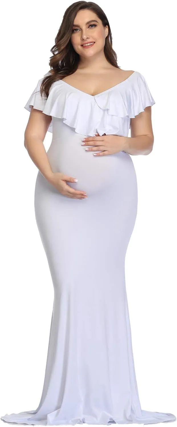 YnimioAOX Maternity Long Dress Ruffles Elegant Maxi Photography Dress Stretchy Slim Gowns for Photoshoot