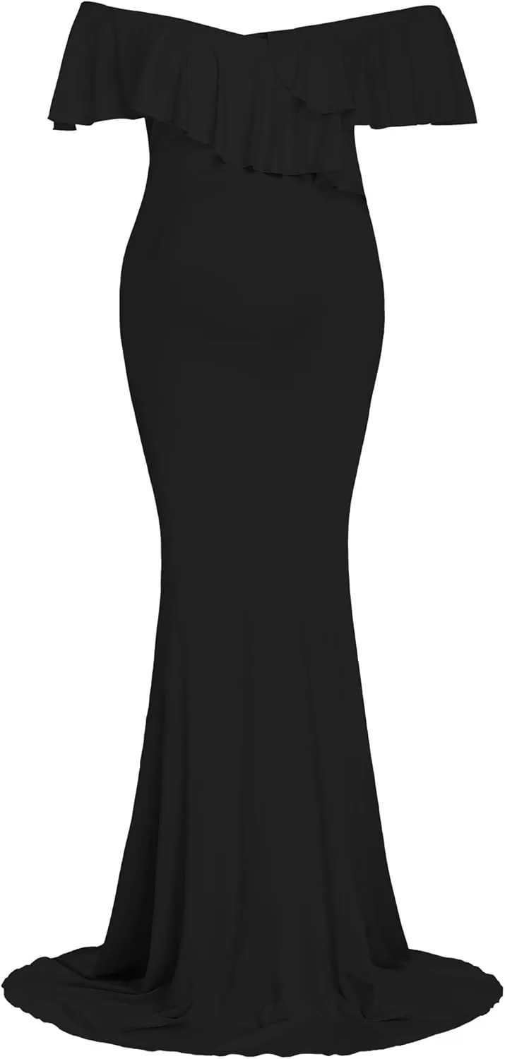 YnimioAOX Maternity Long Dress Ruffles Elegant Maxi Photography Dress Stretchy Slim Gowns for Photoshoot