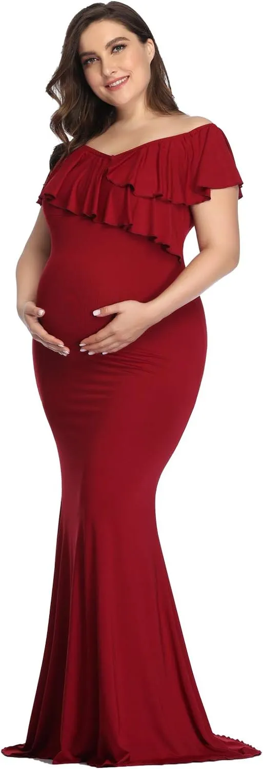 YnimioAOX Maternity Long Dress Ruffles Elegant Maxi Photography Dress Stretchy Slim Gowns for Photoshoot