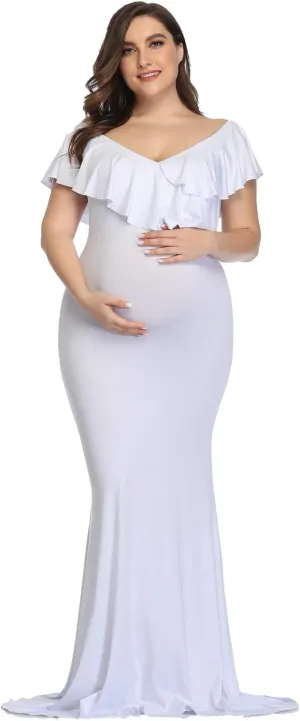 YnimioAOX Maternity Long Dress Ruffles Elegant Maxi Photography Dress Stretchy Slim Gowns for Photoshoot