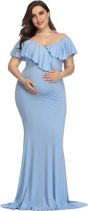YnimioAOX Maternity Long Dress Ruffles Elegant Maxi Photography Dress Stretchy Slim Gowns for Photoshoot