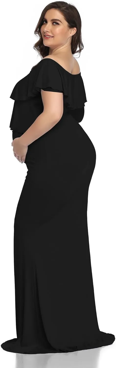 YnimioAOX Maternity Long Dress Ruffles Elegant Maxi Photography Dress Stretchy Slim Gowns for Photoshoot