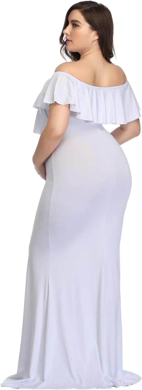 YnimioAOX Maternity Long Dress Ruffles Elegant Maxi Photography Dress Stretchy Slim Gowns for Photoshoot