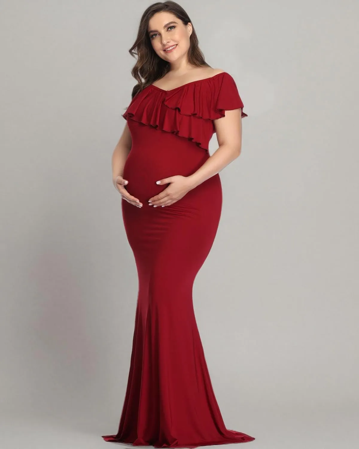 YnimioAOX Maternity Long Dress Ruffles Elegant Maxi Photography Dress Stretchy Slim Gowns for Photoshoot