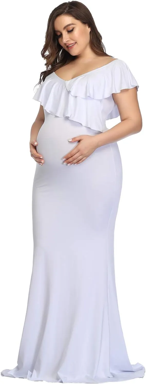 YnimioAOX Maternity Long Dress Ruffles Elegant Maxi Photography Dress Stretchy Slim Gowns for Photoshoot