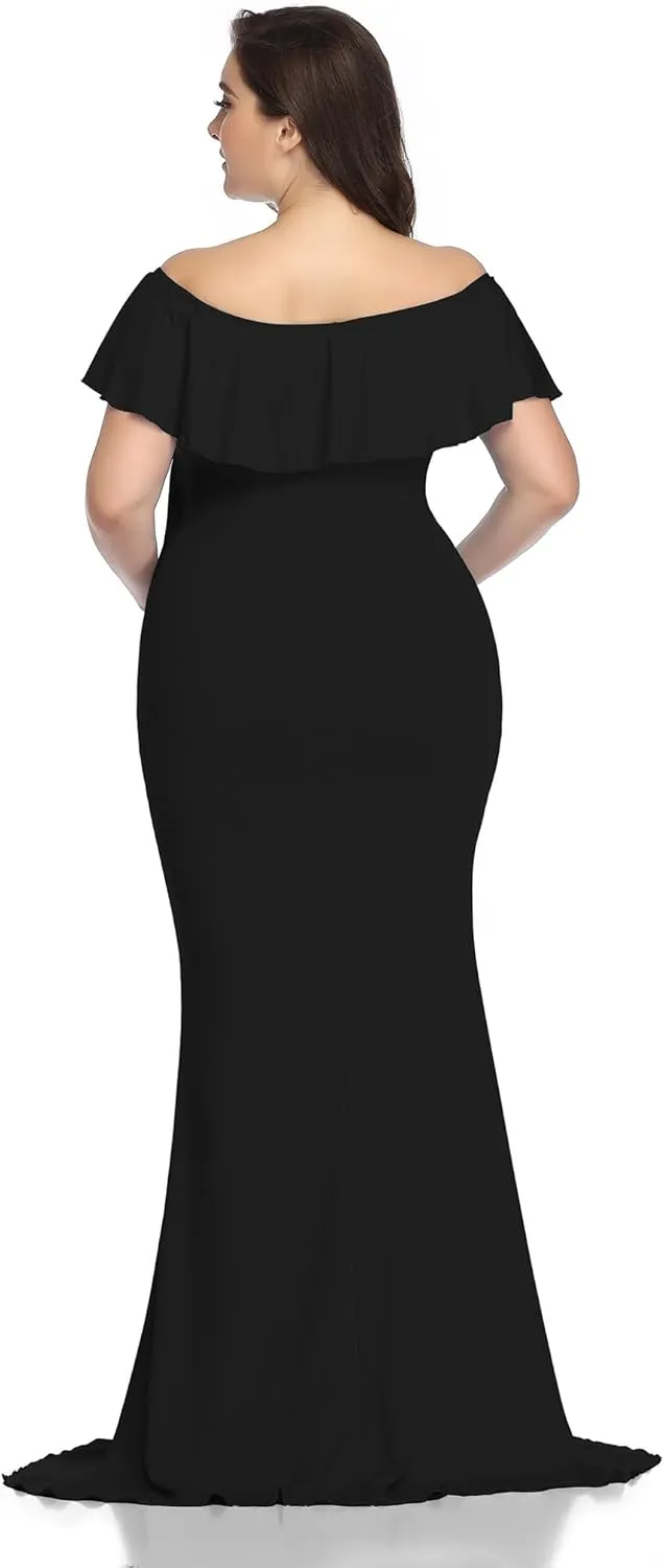 YnimioAOX Maternity Long Dress Ruffles Elegant Maxi Photography Dress Stretchy Slim Gowns for Photoshoot