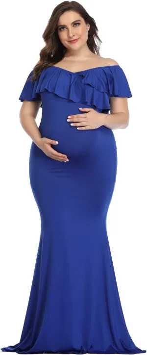 YnimioAOX Maternity Long Dress Ruffles Elegant Maxi Photography Dress Stretchy Slim Gowns for Photoshoot
