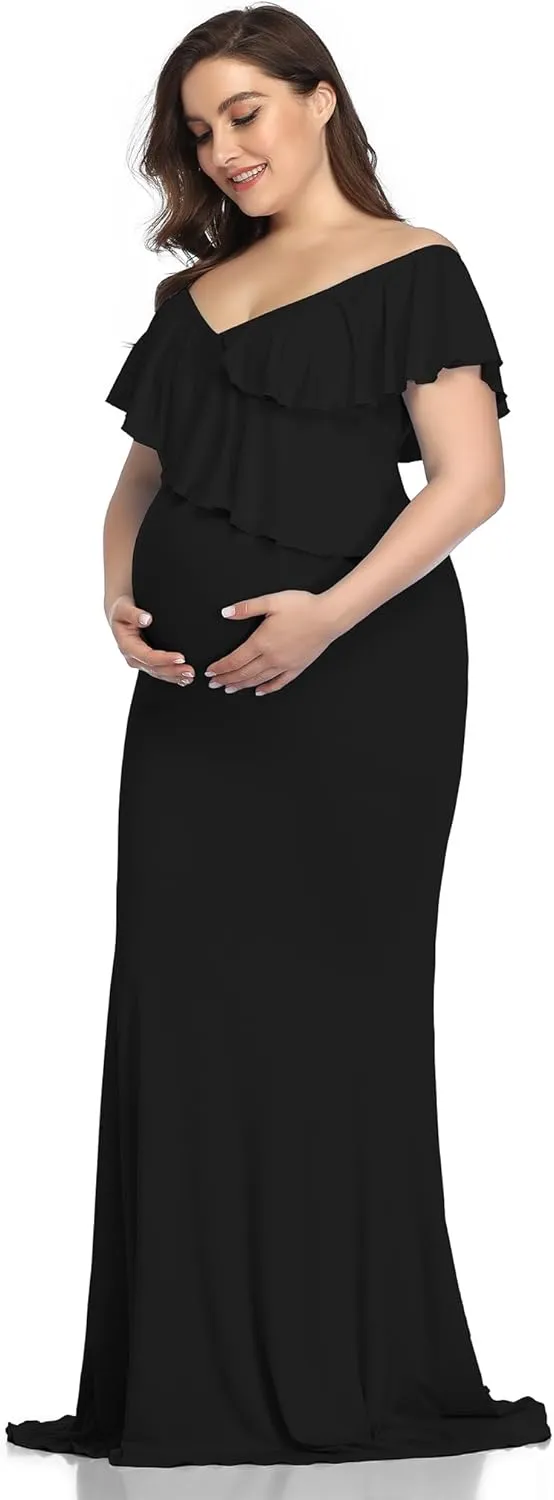 YnimioAOX Maternity Long Dress Ruffles Elegant Maxi Photography Dress Stretchy Slim Gowns for Photoshoot
