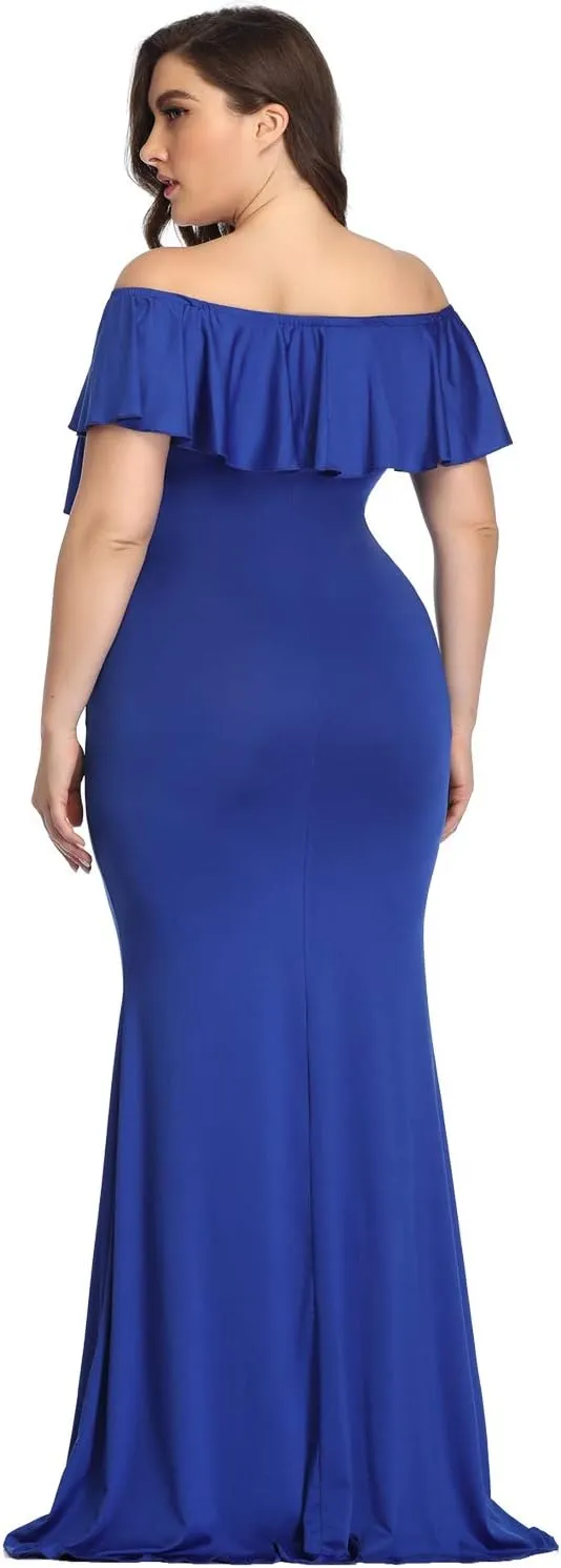 YnimioAOX Maternity Long Dress Ruffles Elegant Maxi Photography Dress Stretchy Slim Gowns for Photoshoot