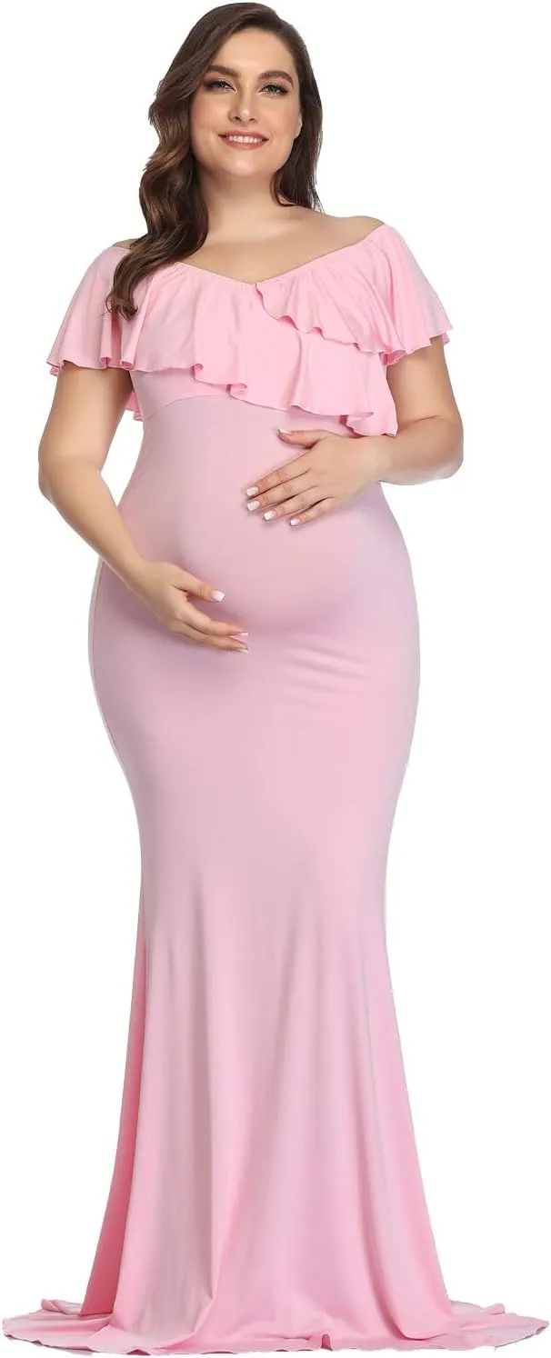 YnimioAOX Maternity Long Dress Ruffles Elegant Maxi Photography Dress Stretchy Slim Gowns for Photoshoot