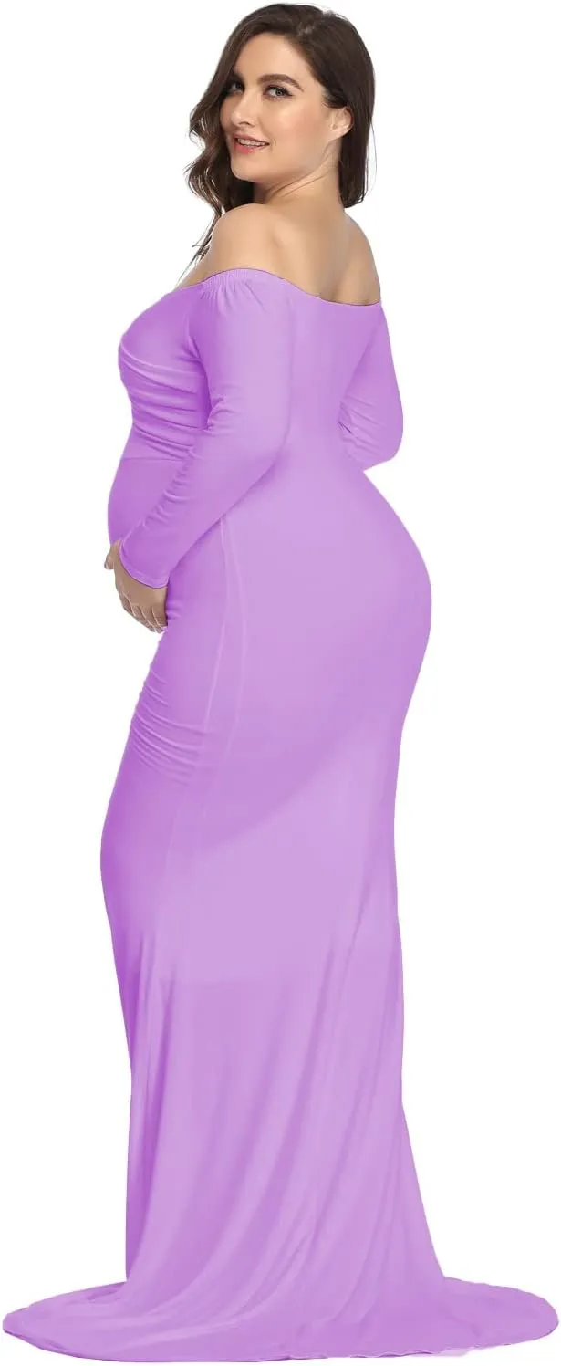 YnimioAOX Maternity Photoshoot Dress Long Sleeve Elegant Maxi Photography Dress Slim Stretchy Gowns
