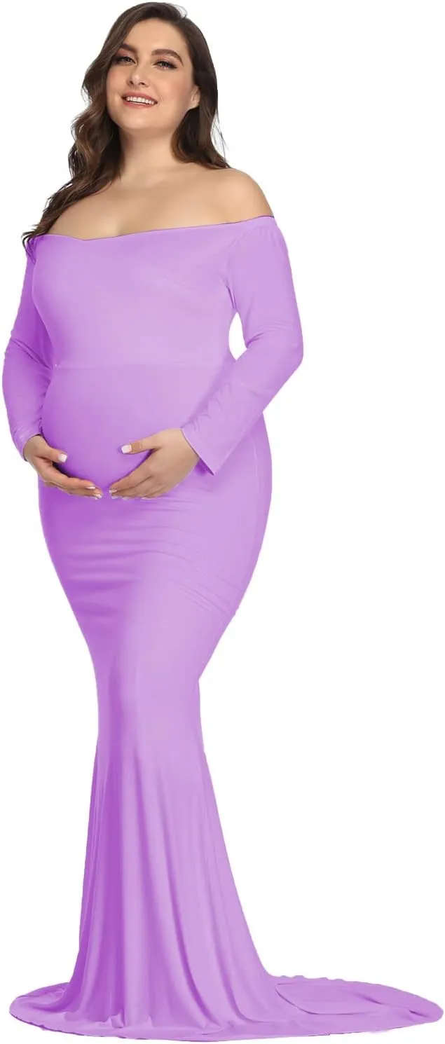 YnimioAOX Maternity Photoshoot Dress Long Sleeve Elegant Maxi Photography Dress Slim Stretchy Gowns