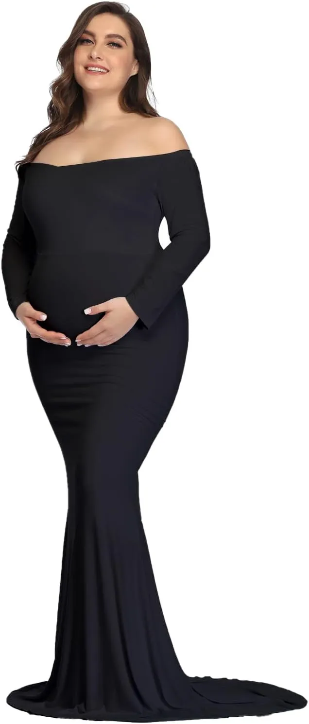 YnimioAOX Maternity Photoshoot Dress Long Sleeve Elegant Maxi Photography Dress Slim Stretchy Gowns