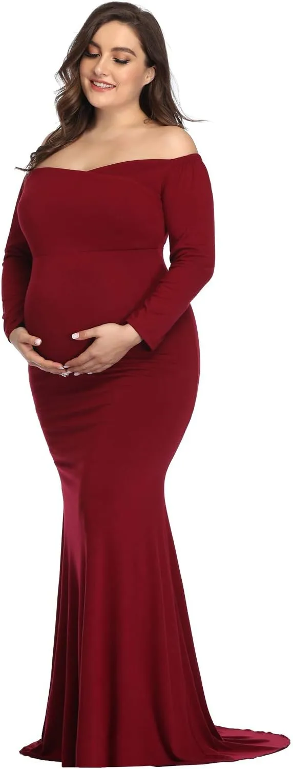 YnimioAOX Maternity Photoshoot Dress Long Sleeve Elegant Maxi Photography Dress Slim Stretchy Gowns