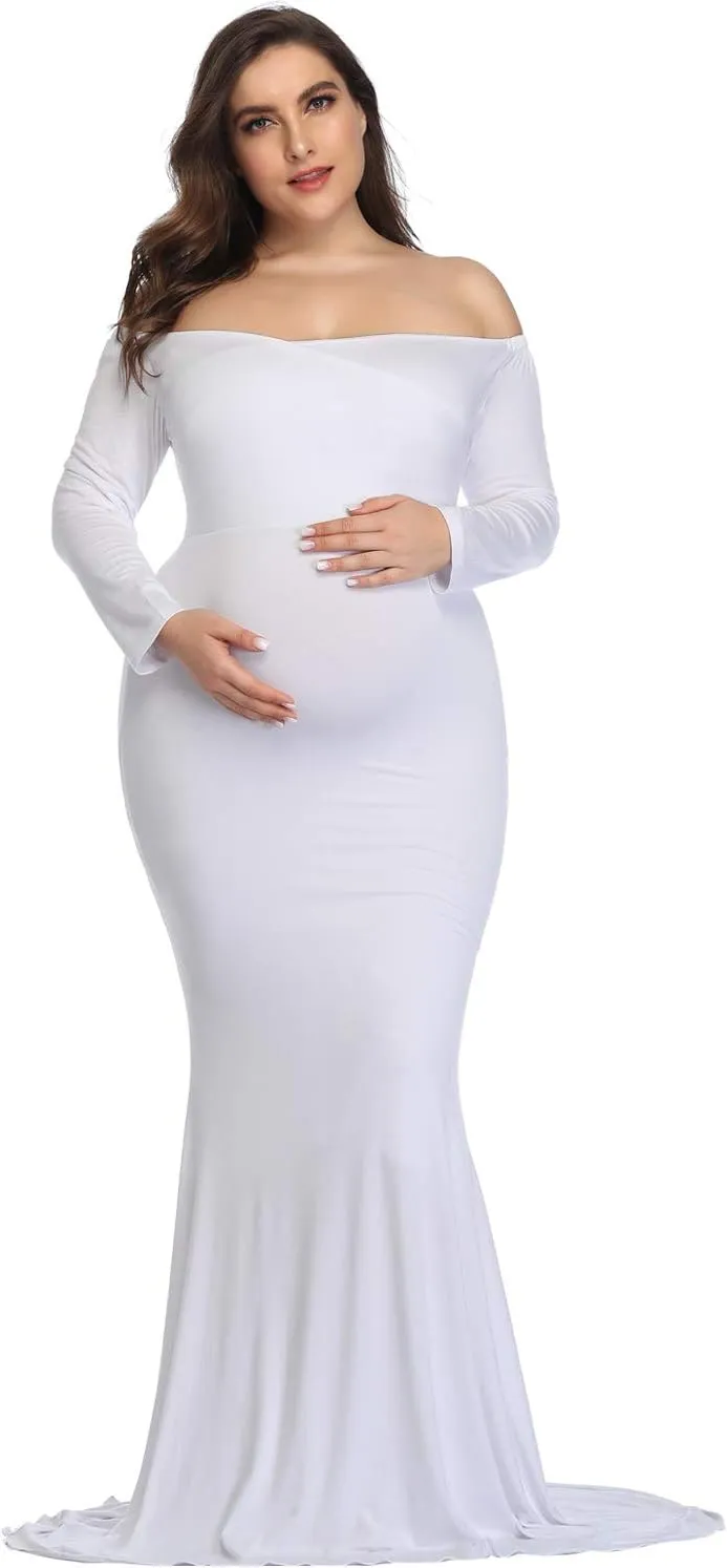 YnimioAOX Maternity Photoshoot Dress Long Sleeve Elegant Maxi Photography Dress Slim Stretchy Gowns