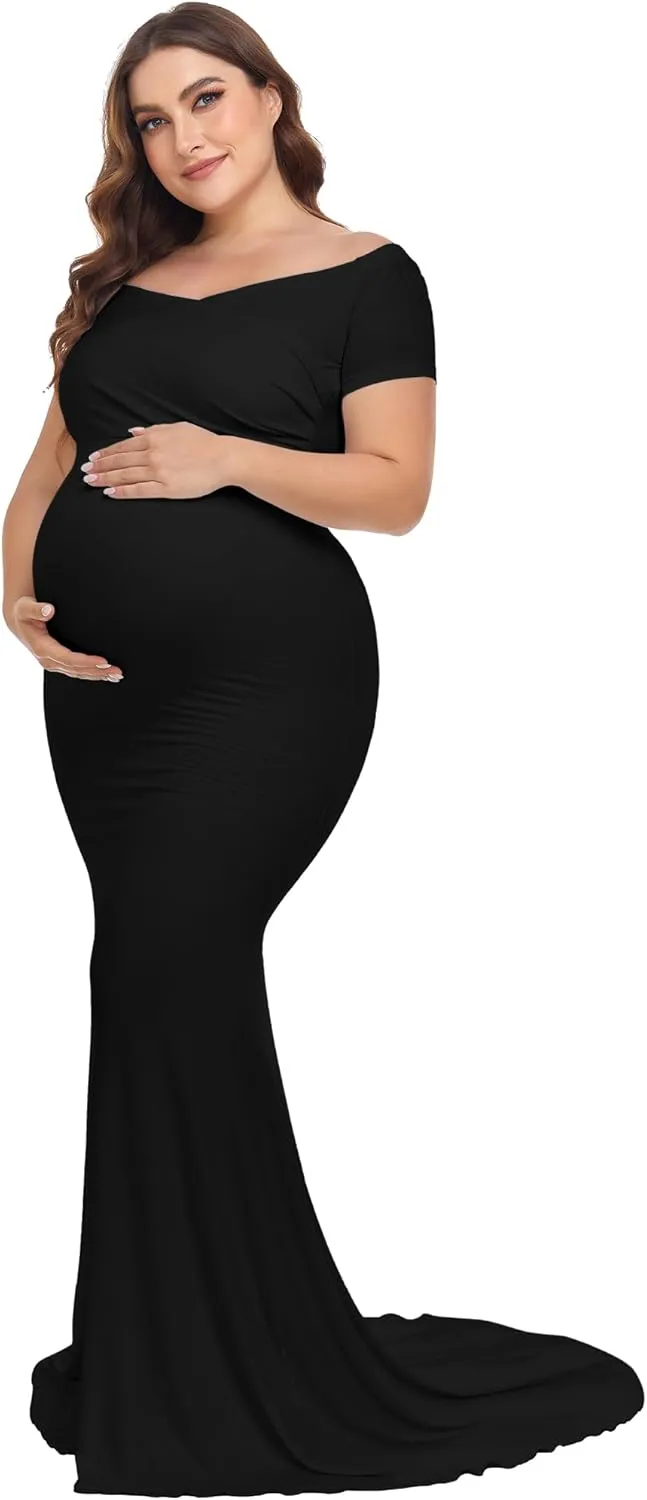 YnimioAOX Maternity Photoshoot Dress Short Sleeve Elegant Maxi Photography Dress Slim Stretchy Gowns