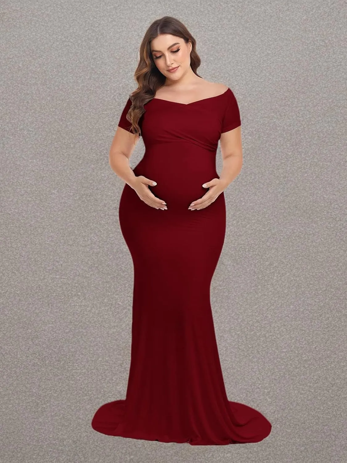 YnimioAOX Maternity Photoshoot Dress Short Sleeve Elegant Maxi Photography Dress Slim Stretchy Gowns