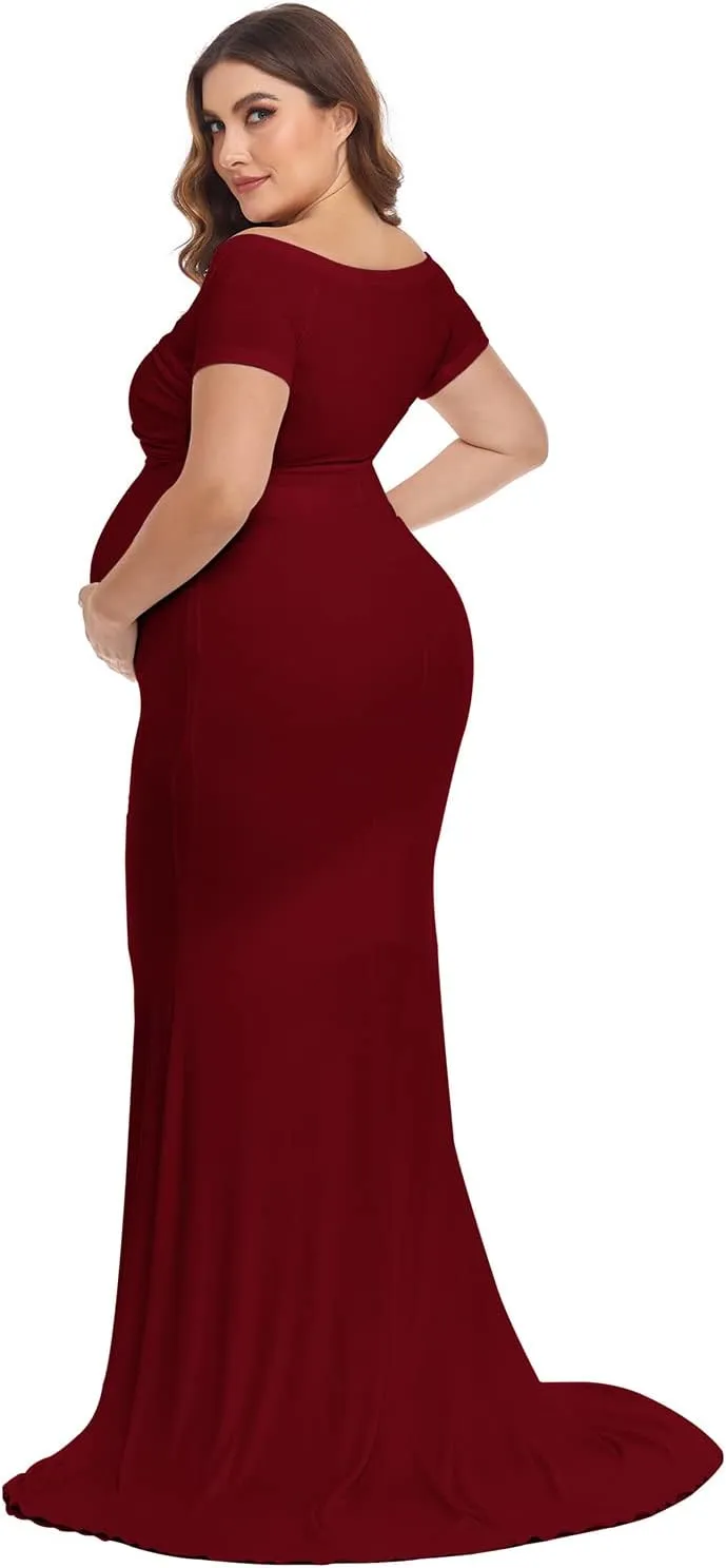 YnimioAOX Maternity Photoshoot Dress Short Sleeve Elegant Maxi Photography Dress Slim Stretchy Gowns